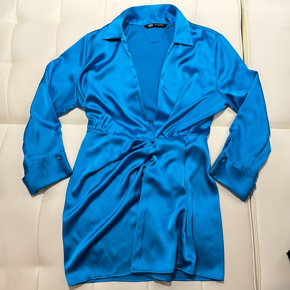 Zara teal satin effect dress